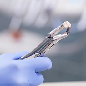 A dentist holding an extracted tooth