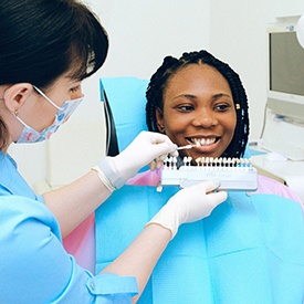 Dentist holding shade guide next to woman’s teeth